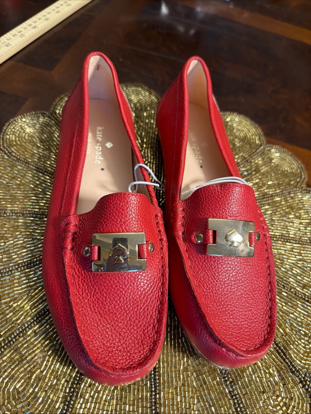 kate spade Red Pebbled Leather Loafers with Gold Hardware